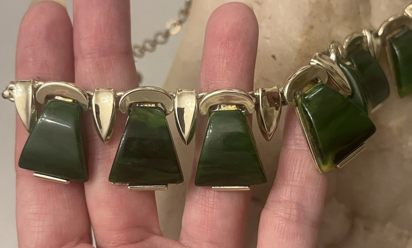 Vintage CHAREL Spinach Green Bakelite, Egyptian Revival, Necklace, Simi Tested!