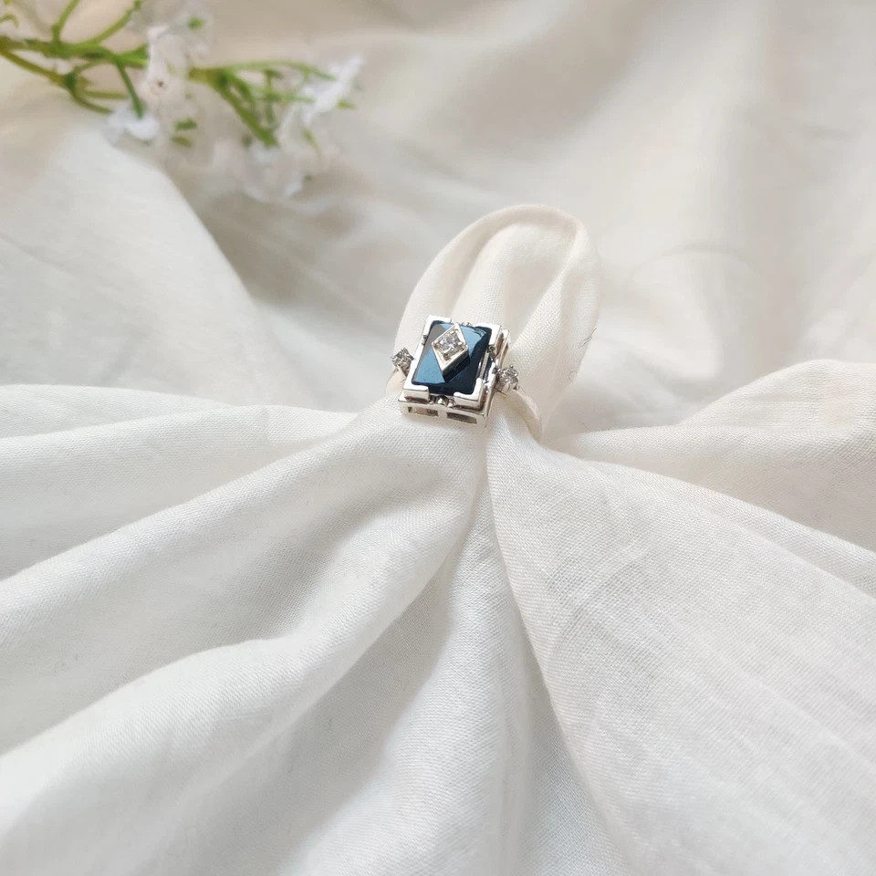 Antique Art Deco Vintage Black Onyx & Lab-Created Diamond Gift Ring 925 Silver