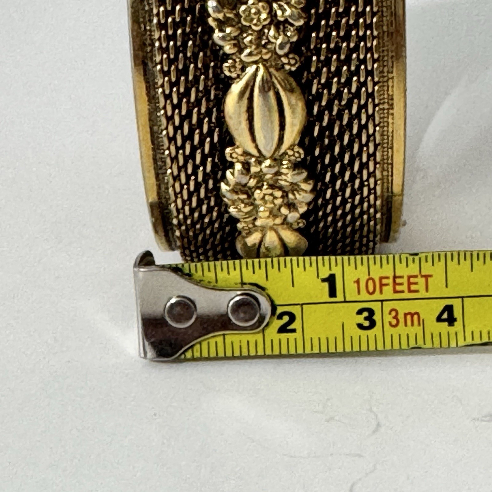 Wide Brass Gold Tone Victorian Revival Style Floral Bangle Hinged Cuff Bracelet