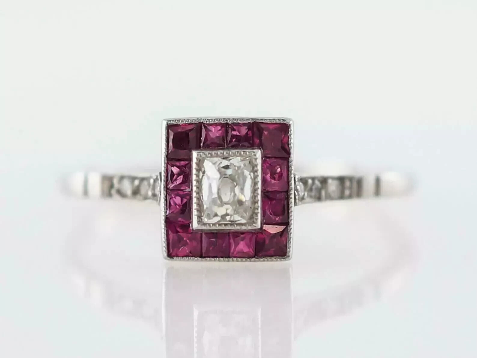 Art Deco Style Princess Cut Lab Created Diamond & Ruby Wedding 14k White Gold FN