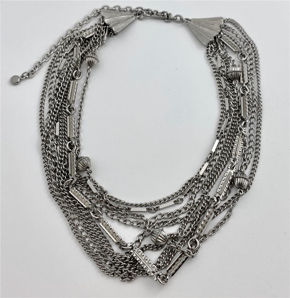 Vintage Silver Tone Multi-Chain Statement Necklace with Hook Clasp 19″ Long