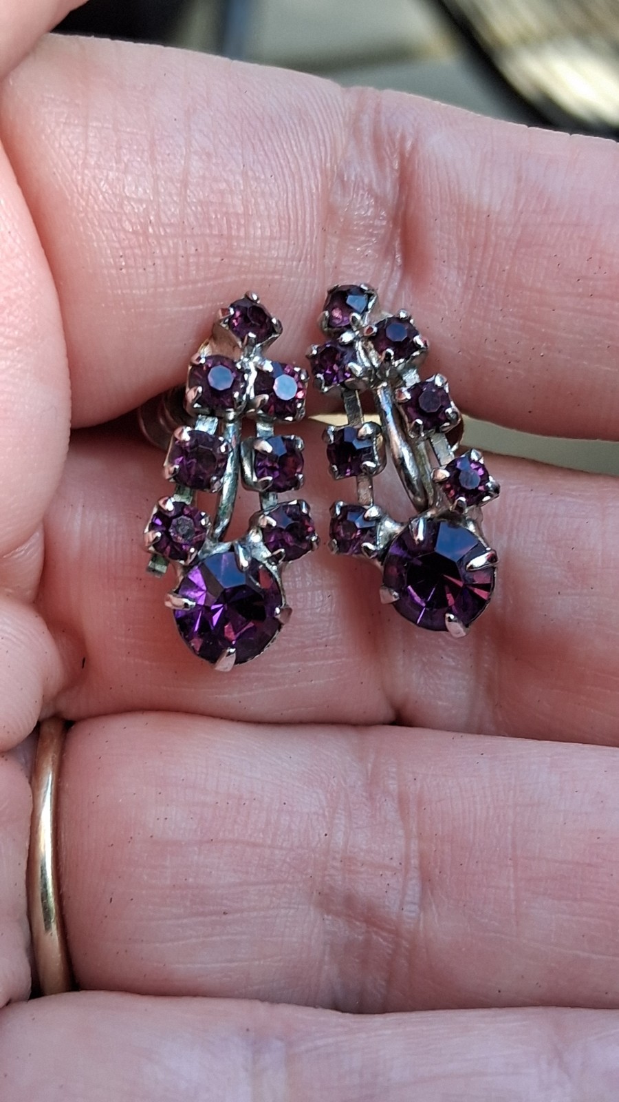 Vintage Amethyst Purple Rhinestone Earrings MidCentury Waterfall Cluster Costume
