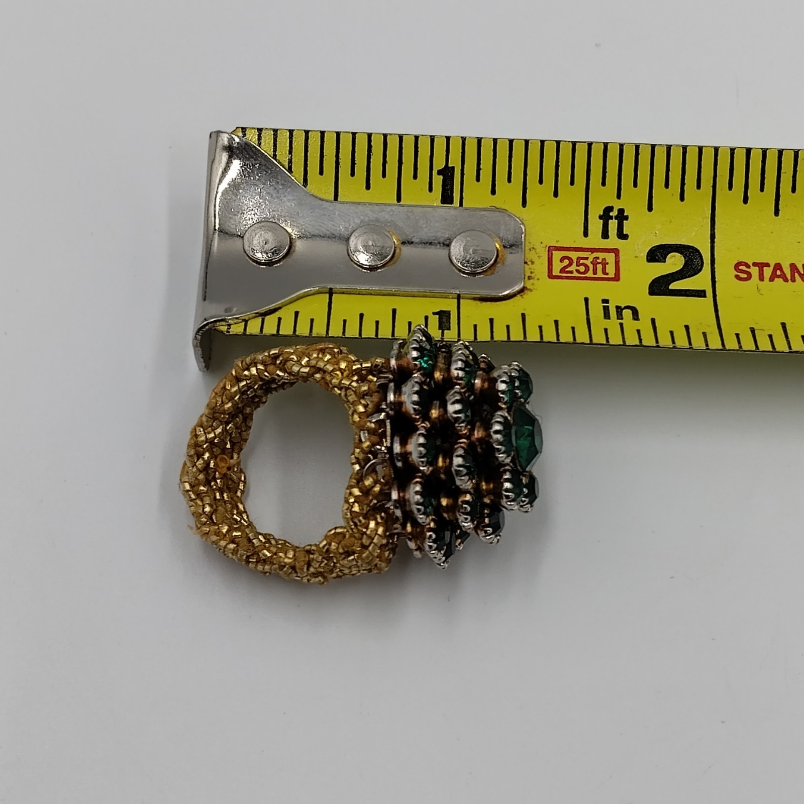 Vintage Dome Ring Green Rhinestone with Woven Stretch Golden Band