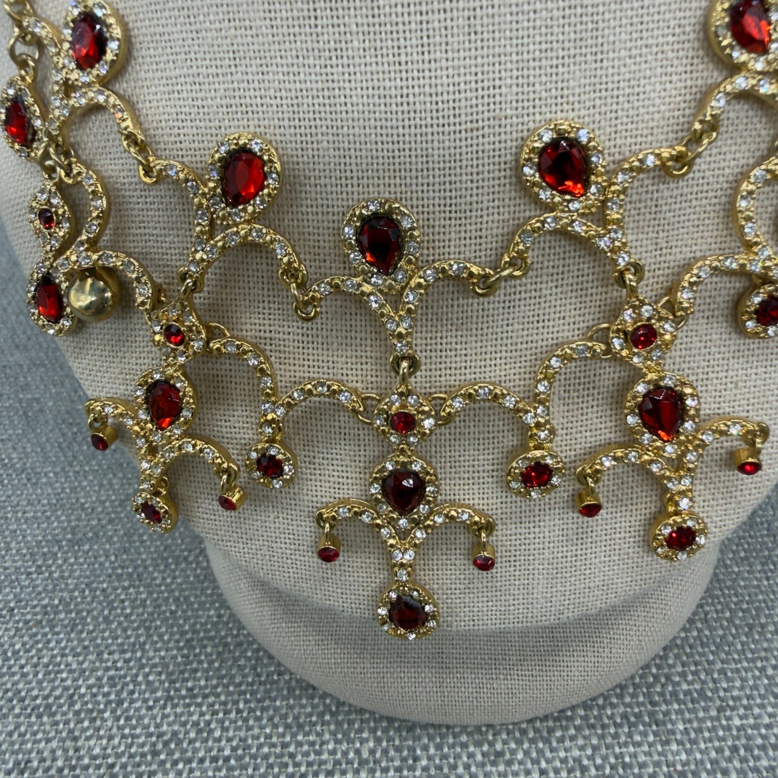 Vintage Bib Necklace Red Clear Rhinestones Gold Tone Dangles 17 Inch Adjustable