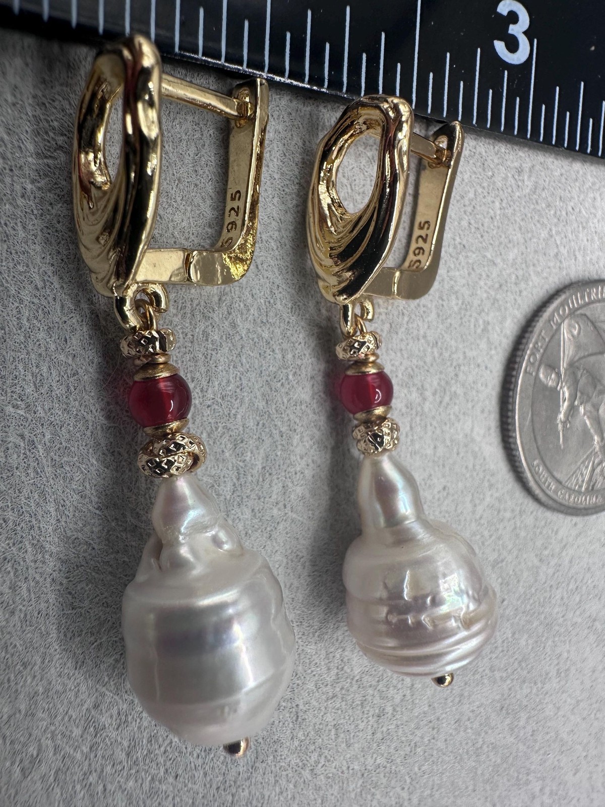 White Baroque Pearl Earrings With Carnelian Accent, Melting Lever back