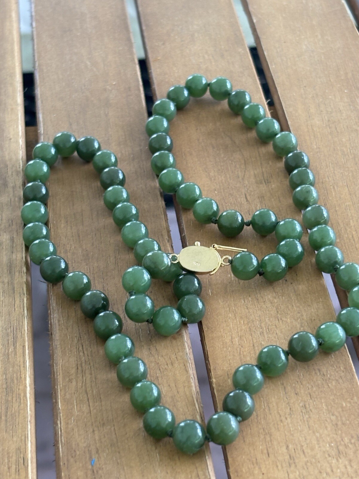 Jade Jadite 65 Bead Necklace Hand Knotted Gold Over 925 Clasp 1970 MCM Green 24”