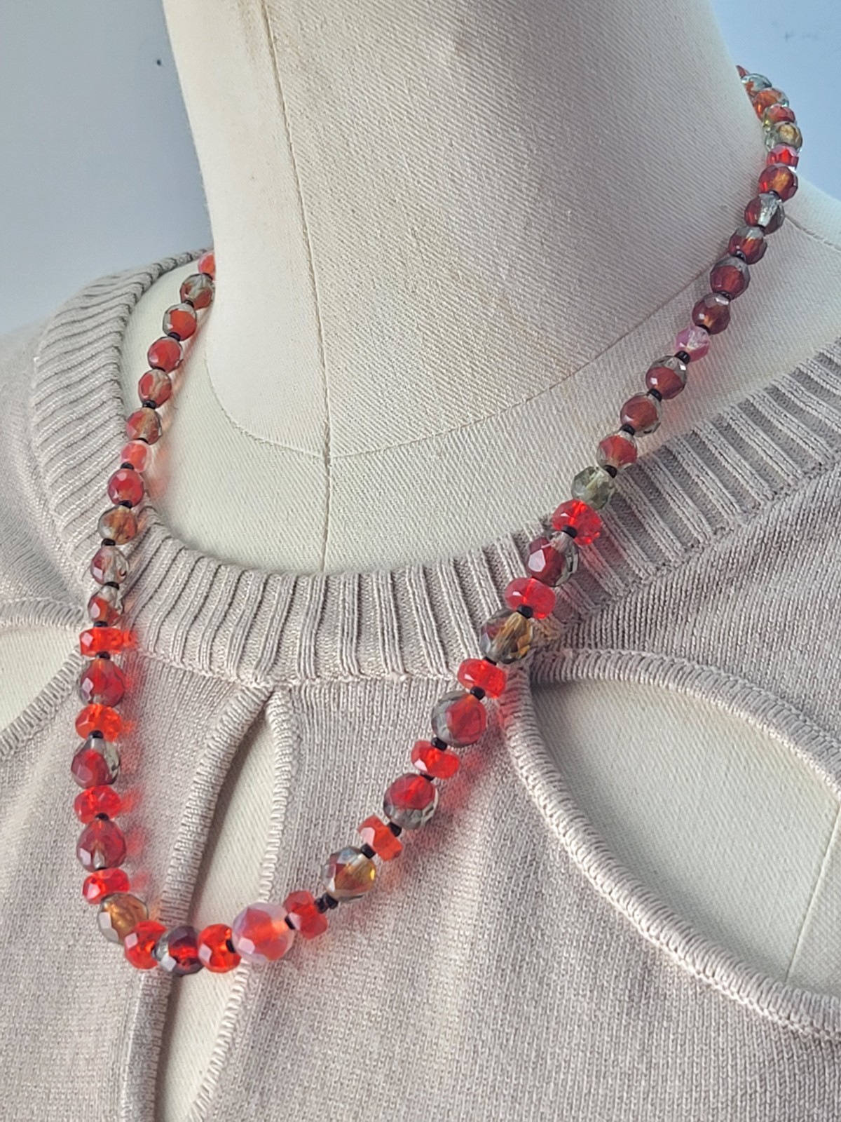 Antique Czech Red Clear Orange Givre Glass Crystal Bead Graduated 20″ Necklace
