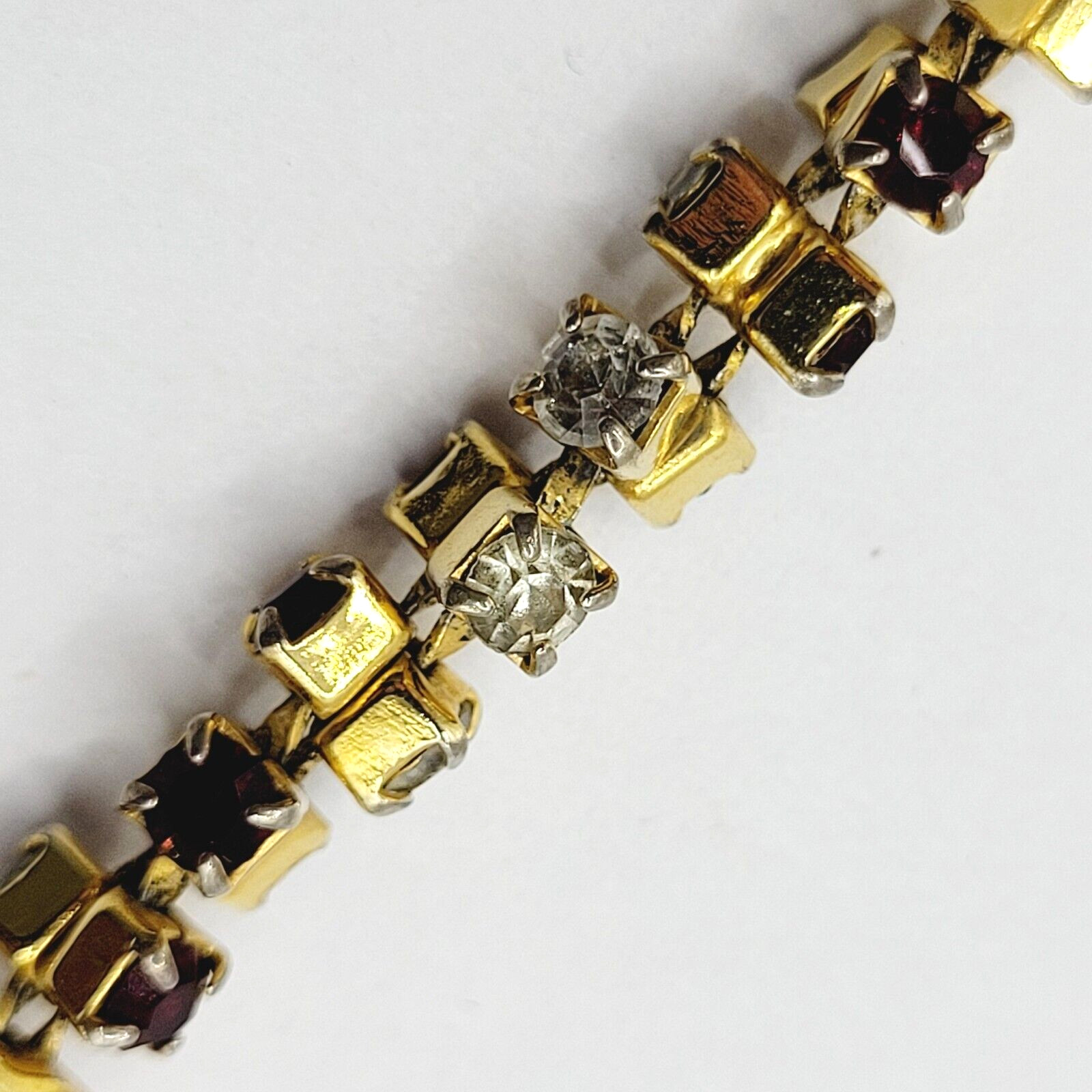Unique Slightly Brutalist Style Gold Plated Bracelet Red White Rhinestone 7.5 In
