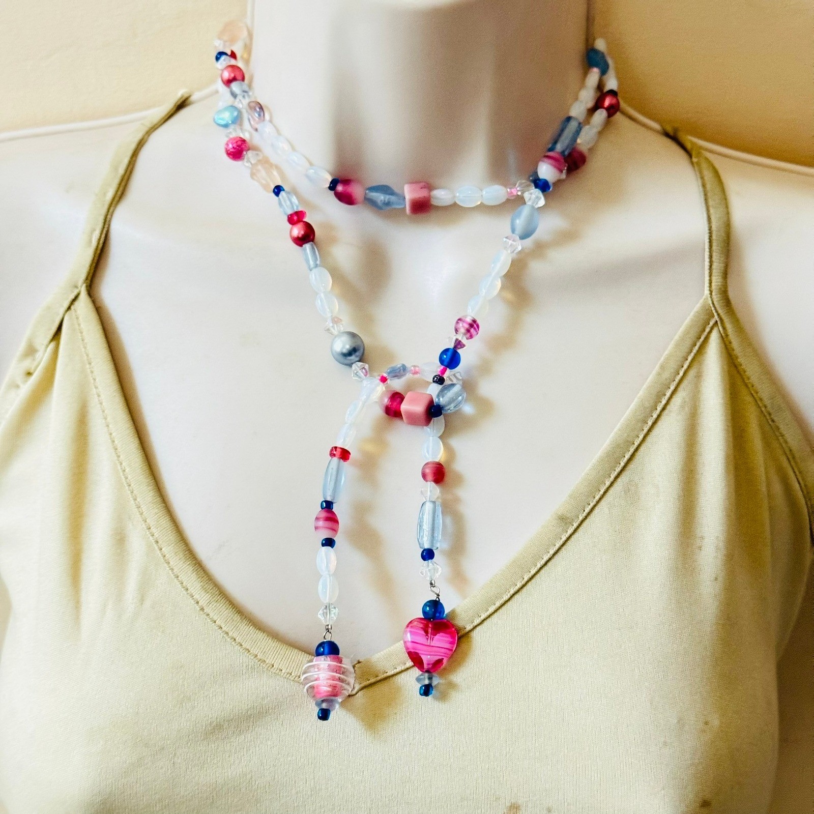 VTG pink Opalescent wrap Necklace Opalite Art Glass Beads moonglow long 38″ rare