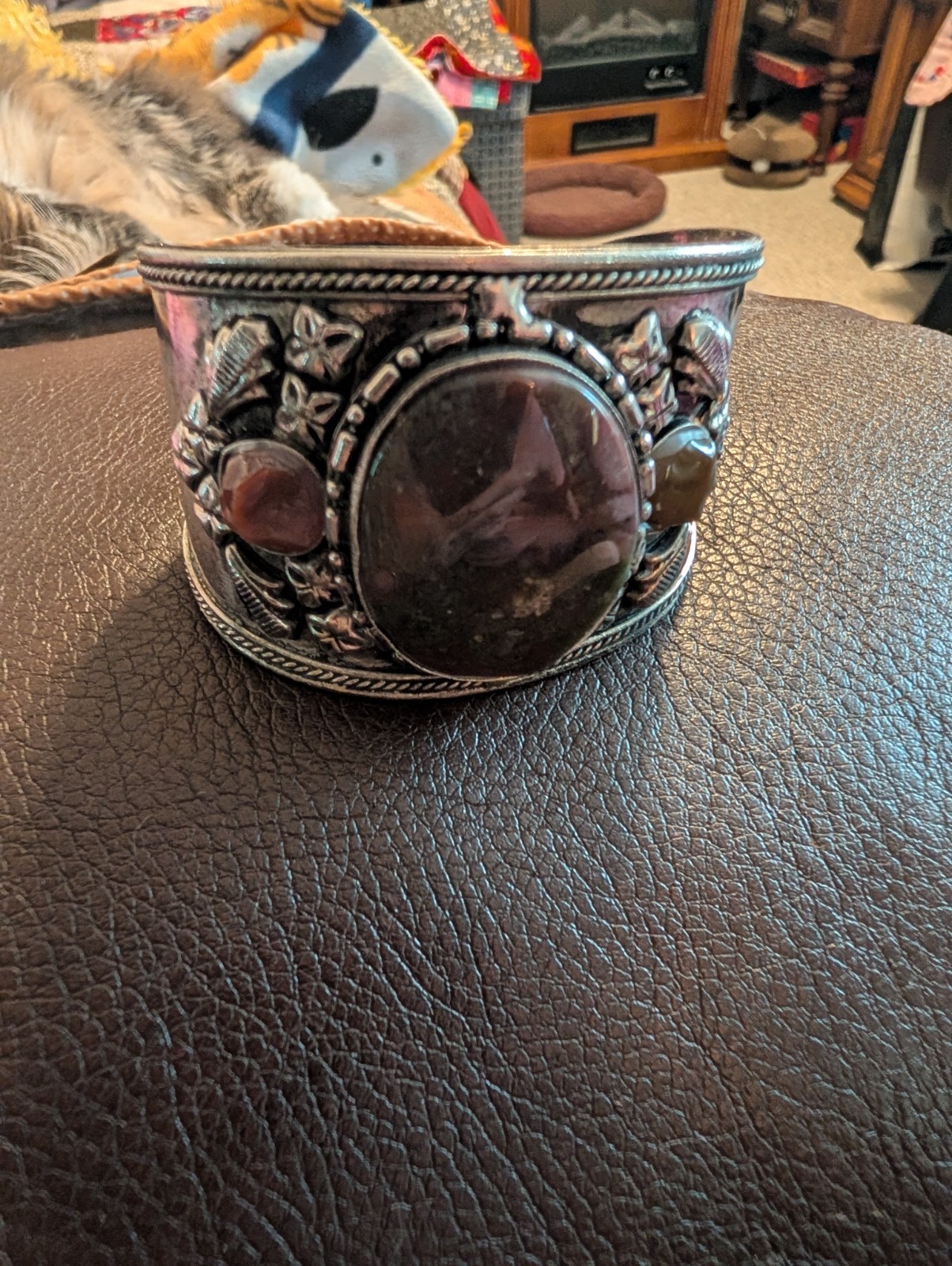 Vintage Silver & Stone Cuff Bracelet Brown Stones Nice Detail Women Southwestern