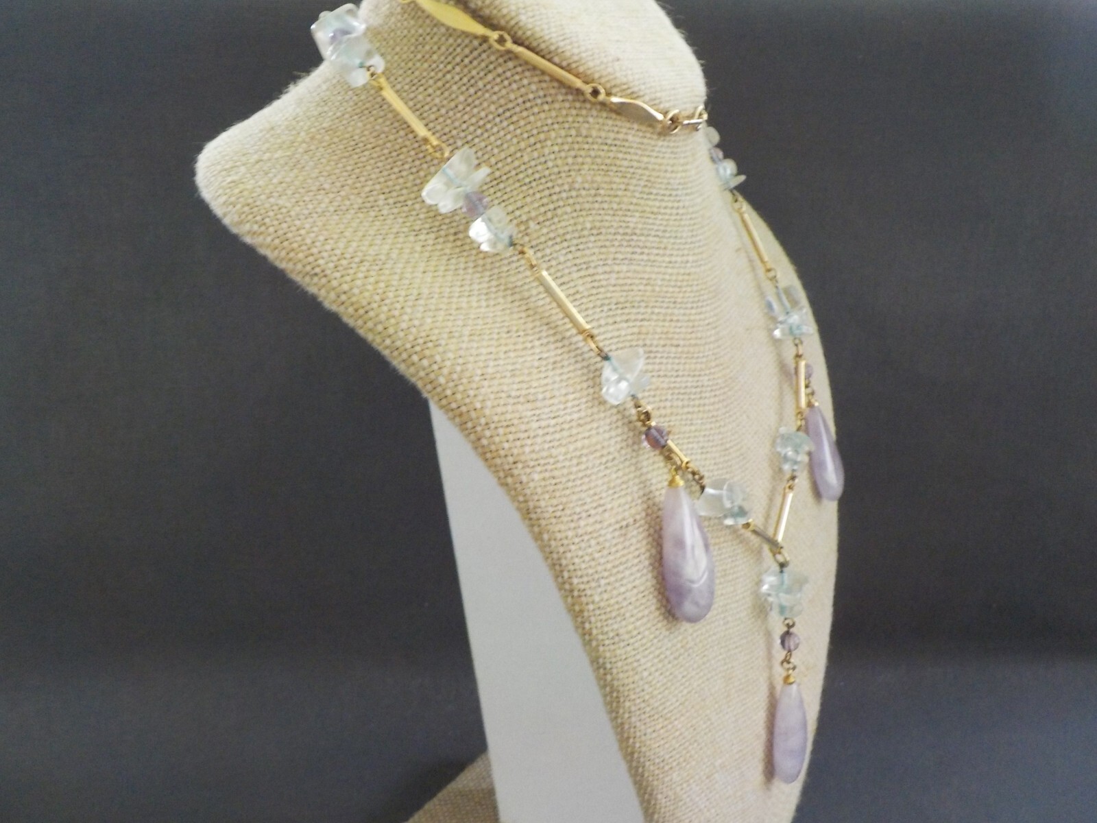 Hobe Amethyst ?? Teardrop & Dyed Chip Gold Tone Metal Clasp Necklace Signed No.