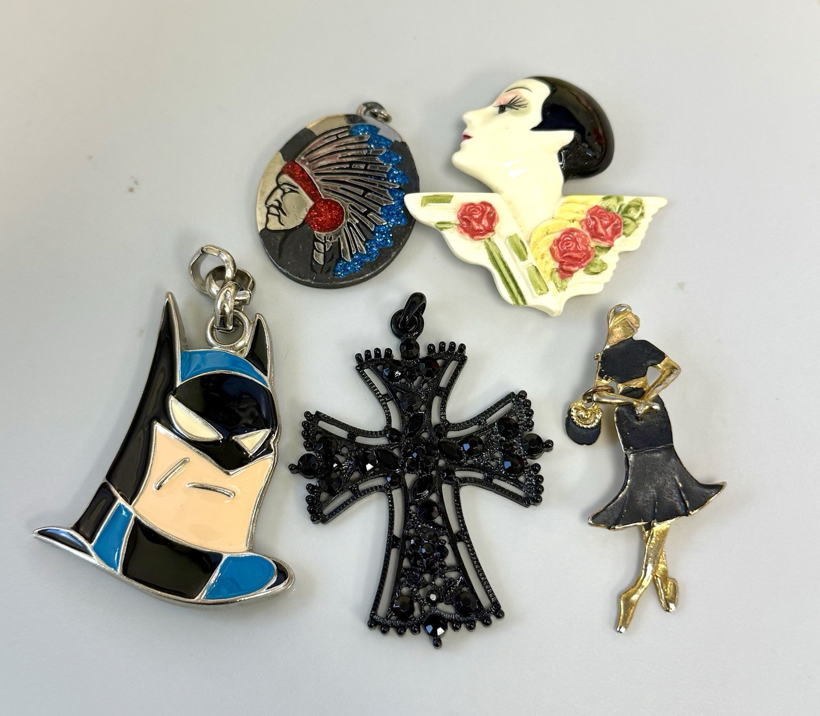 Vintage Mixed Pendant & Brooch Lot Batman Gothic Cross Art Deco Lady Enamel