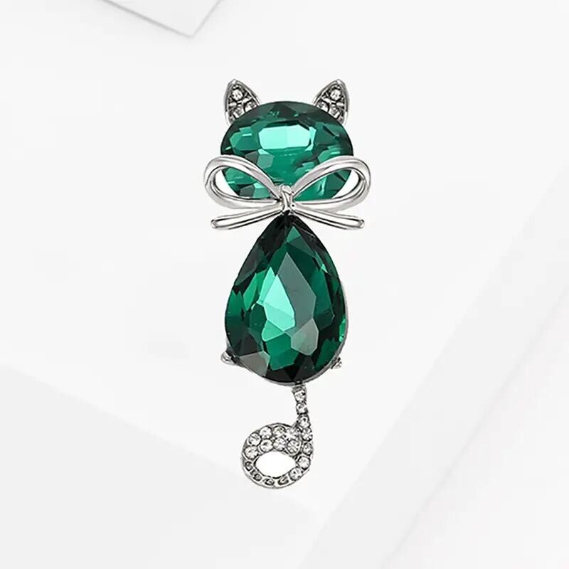 Green Vintage Gradient Crystal Cat Brooch Charming Design Ideal Gift Cat Lover