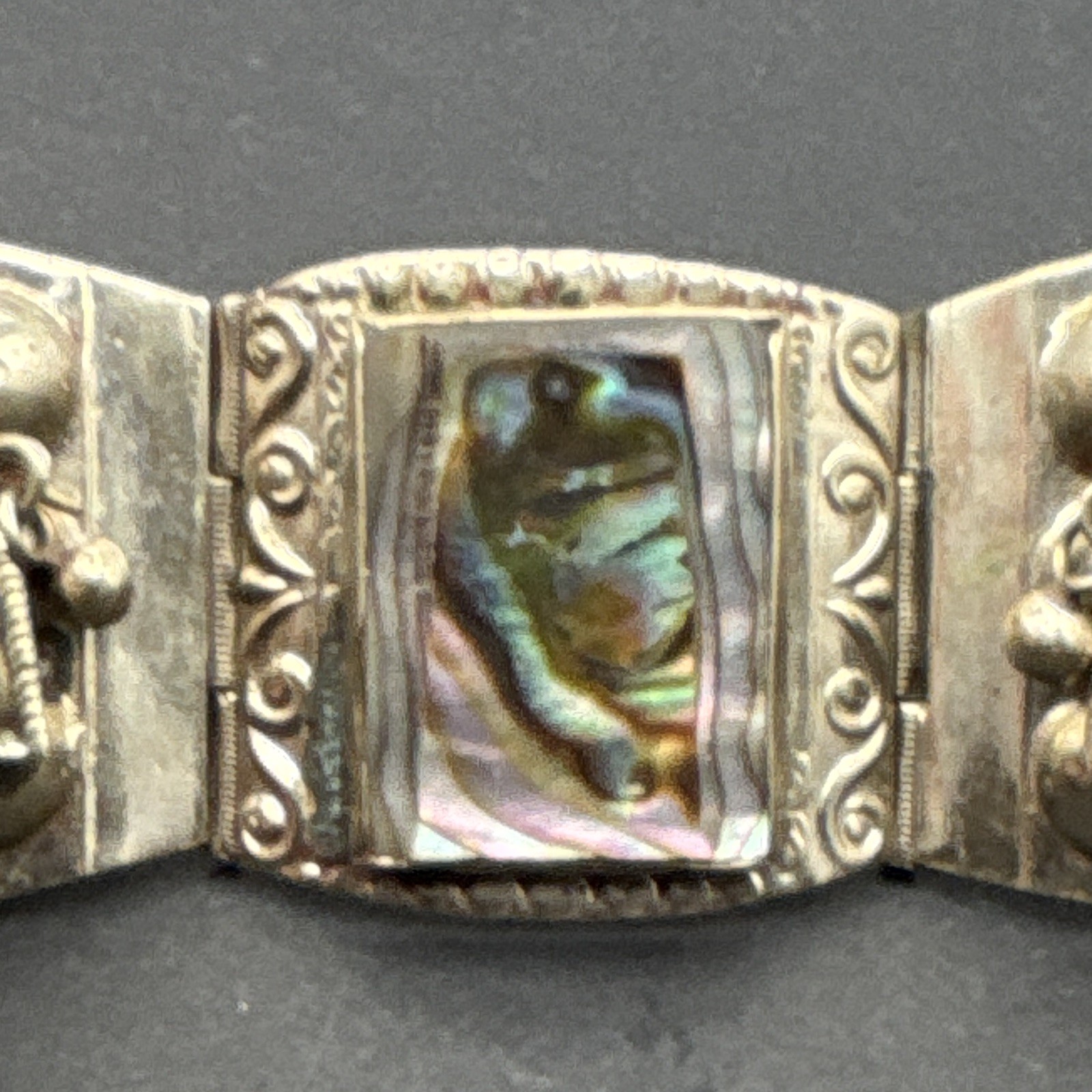 Mexico 925 Sterling Silver Abalone Inlay Panel Link Bracelet w/”Eagle & 3″ Stamp