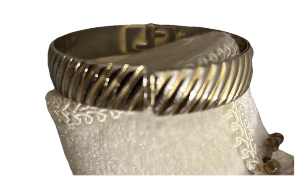 Monet Signed Gold-Tone Cuff Bracelet Hinged Spring Works Great Fashion Jewelry
