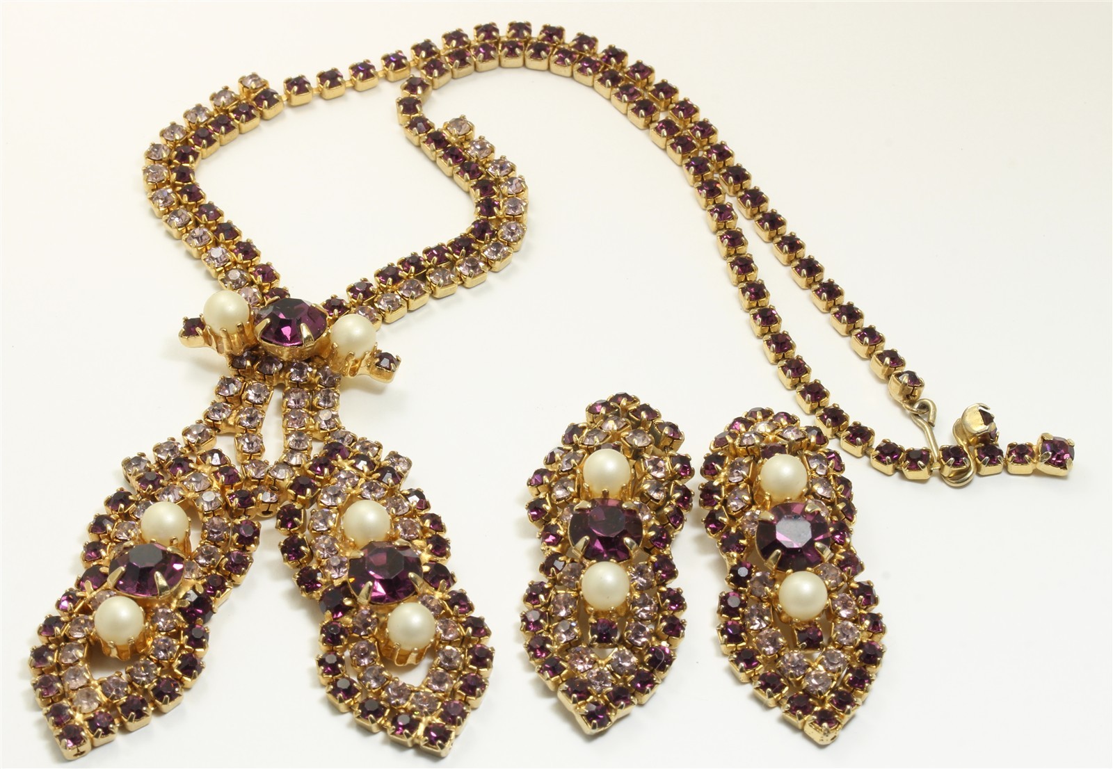 Vintage Designer SIGNED Purple Crystal Rhinestone Necklace & Earrings Set