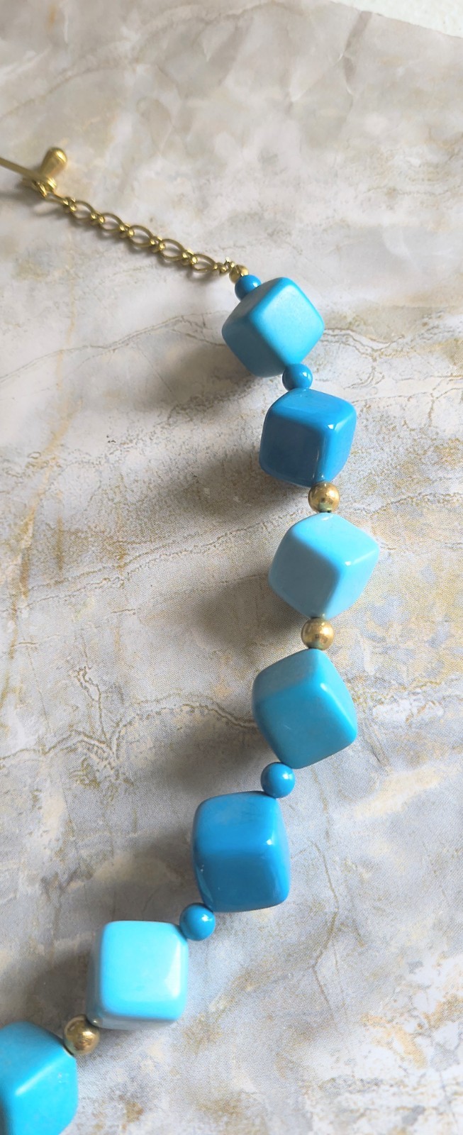 Vintage Teal Blue Acrylic Chunky Square Geometric Bead Collar Necklace