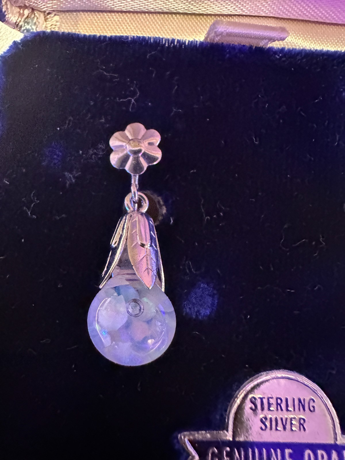 Vintage Opalite Floating Opal Sterling Silver Flower Leaf Earrings