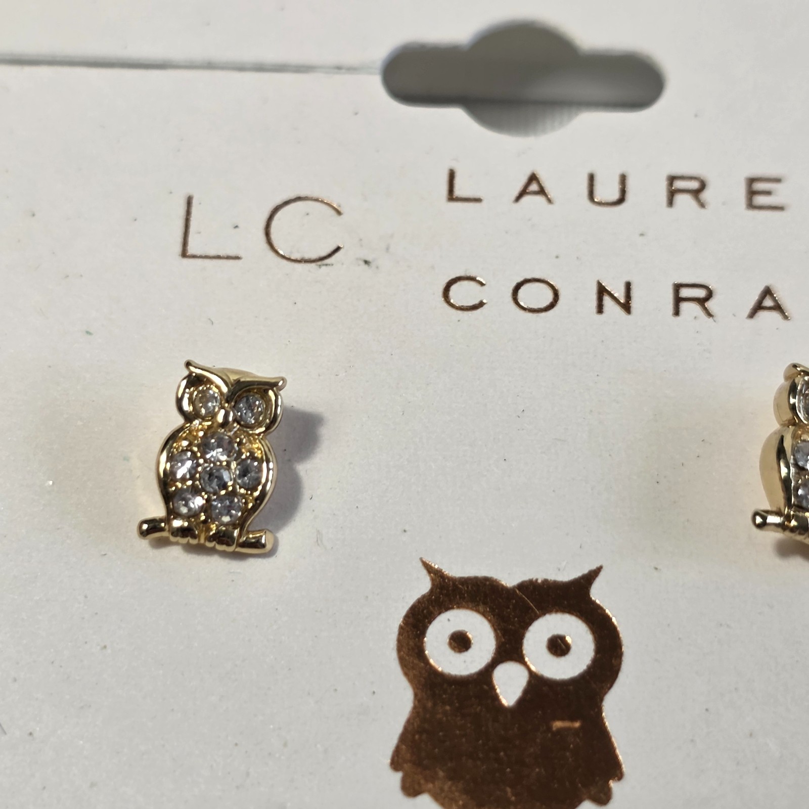 LC Lauren Conrad Owl Stud Earrings Gold Tone White Rhinestone Nickel Free