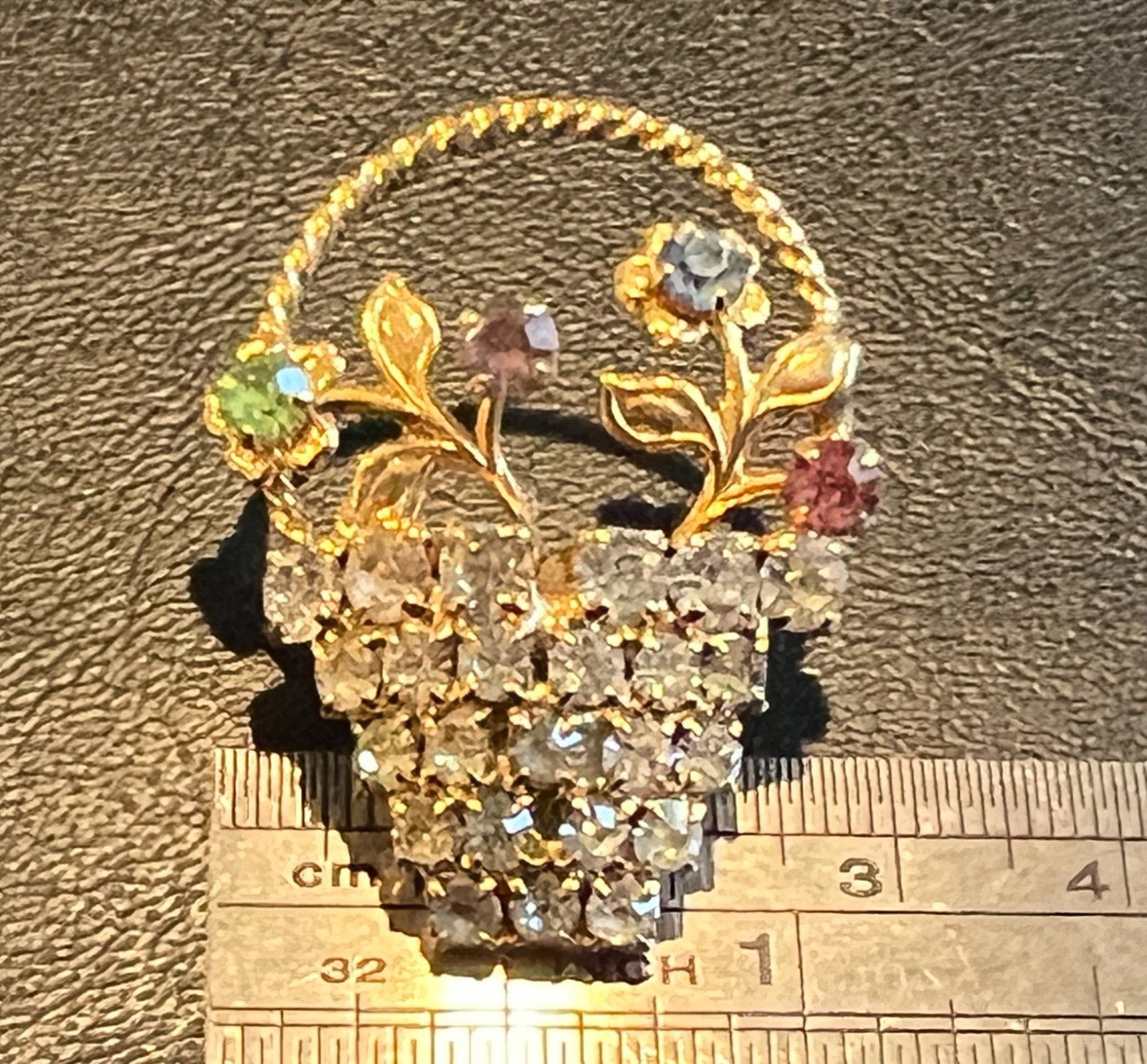 Vintage 60s Flower Basket Rhinestones Gold Tone Colorful Brooch Pin Uranium Glow