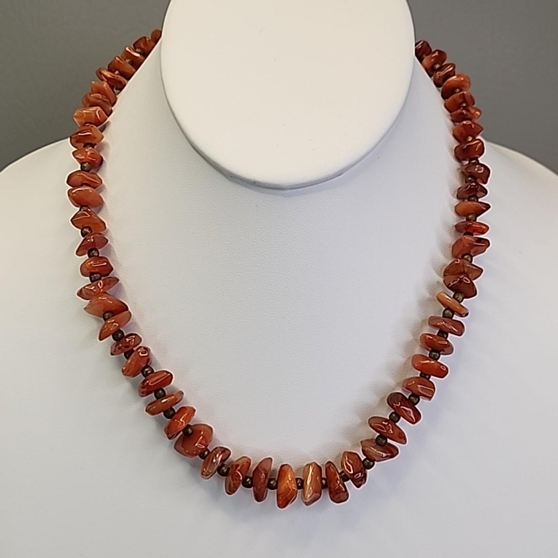 Vintage Carnelian Agate Beaded Necklace Stone Orange Polished Nugget 17.5″
