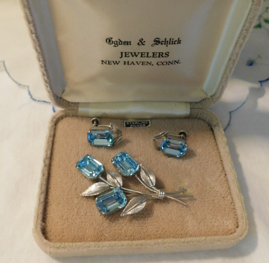 Sterling Silver Blue Crystal Rhinestone Flower Brooch and Earrings Vintage Set