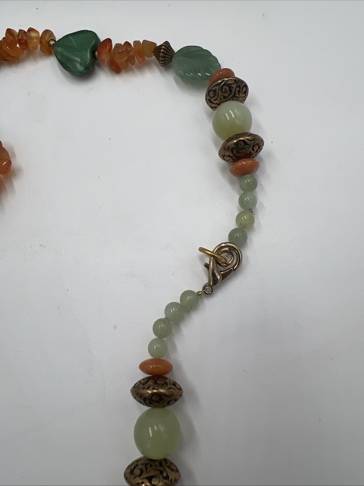 Vintage Leonard Craig Designer Necklace Real Stone Green Leaves Heart Longline