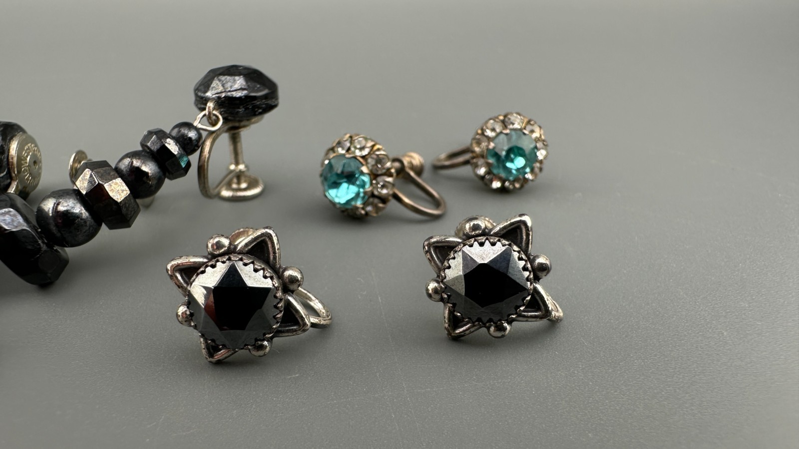 Vintage Earrings Lot Sterling Silver Gemstone Crystal Screw Back Blue Hematite