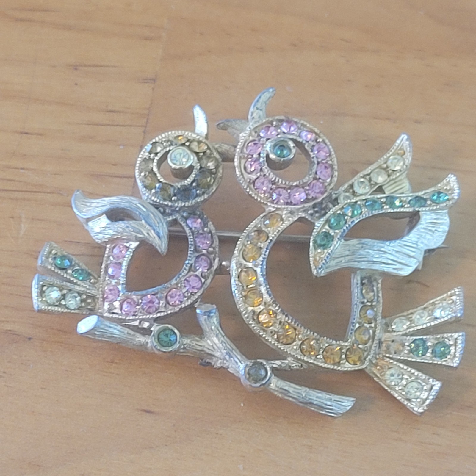 Rhinestone Owl Bird Brooch Pin Gold Tone Multicolor Costume Jewelry