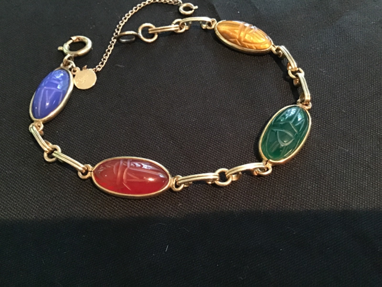 Vtg 12K Gold Scarab Bracelet Egyptian 7.5” Signed 1/20th 12K w 4 Real Stones