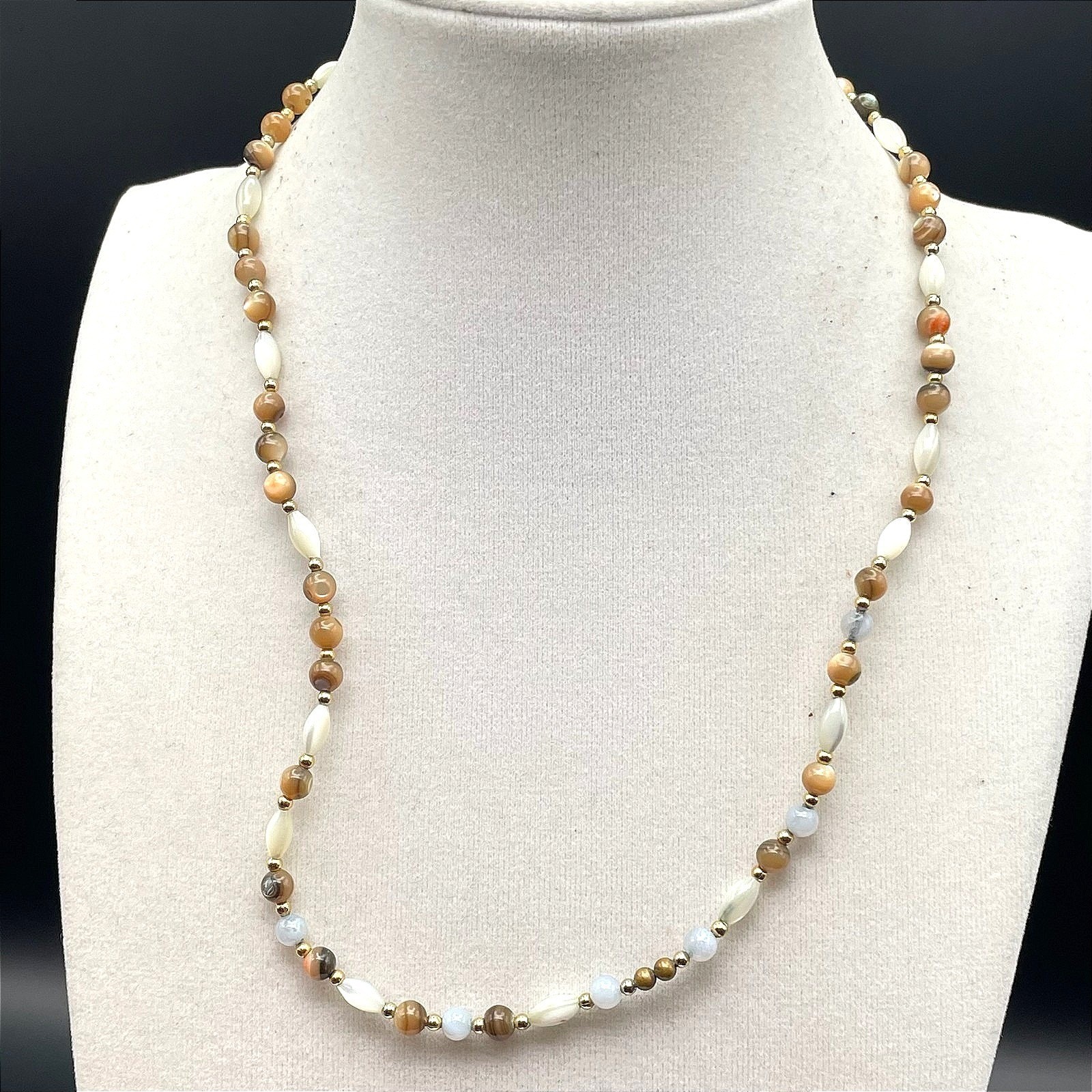Vintage Mother of Pearl Necklace Brown Tan MOP Gold Tone Bead Magnetic Clasp