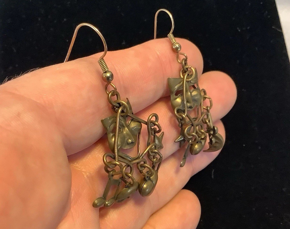 Lrg Vintage Dangle Earrings Theatre Drama Comedy & Tragedy Mask Unknown Designer