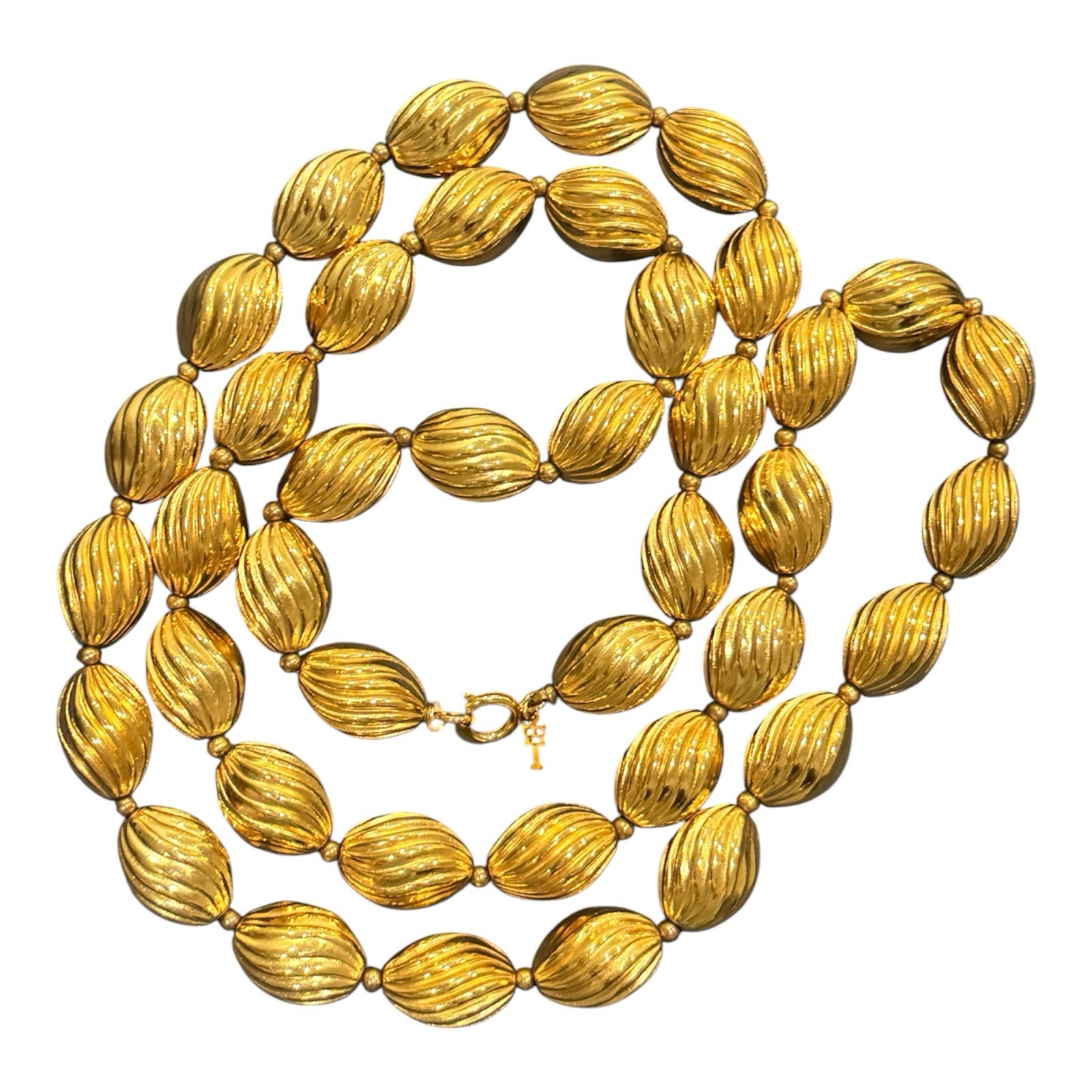 Signed Crown Trifari Vintage Gold Tone Ribbed Oval Bead Opera Long Necklace