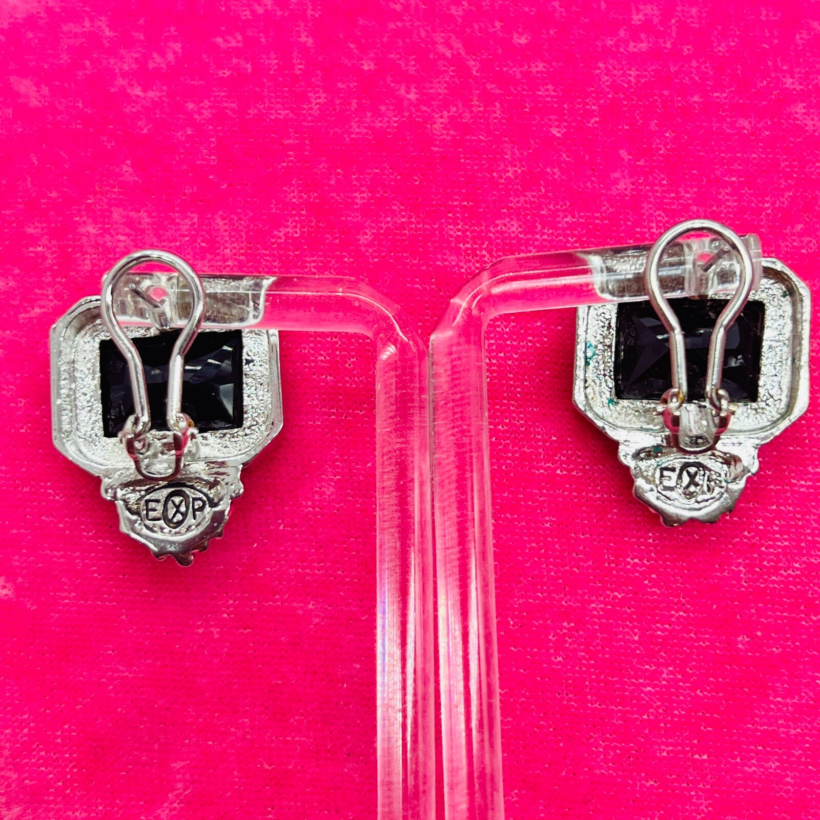 Vintage EXP Signed Silver Tone Earrings Black Stone Square Cut Grape Rectangle