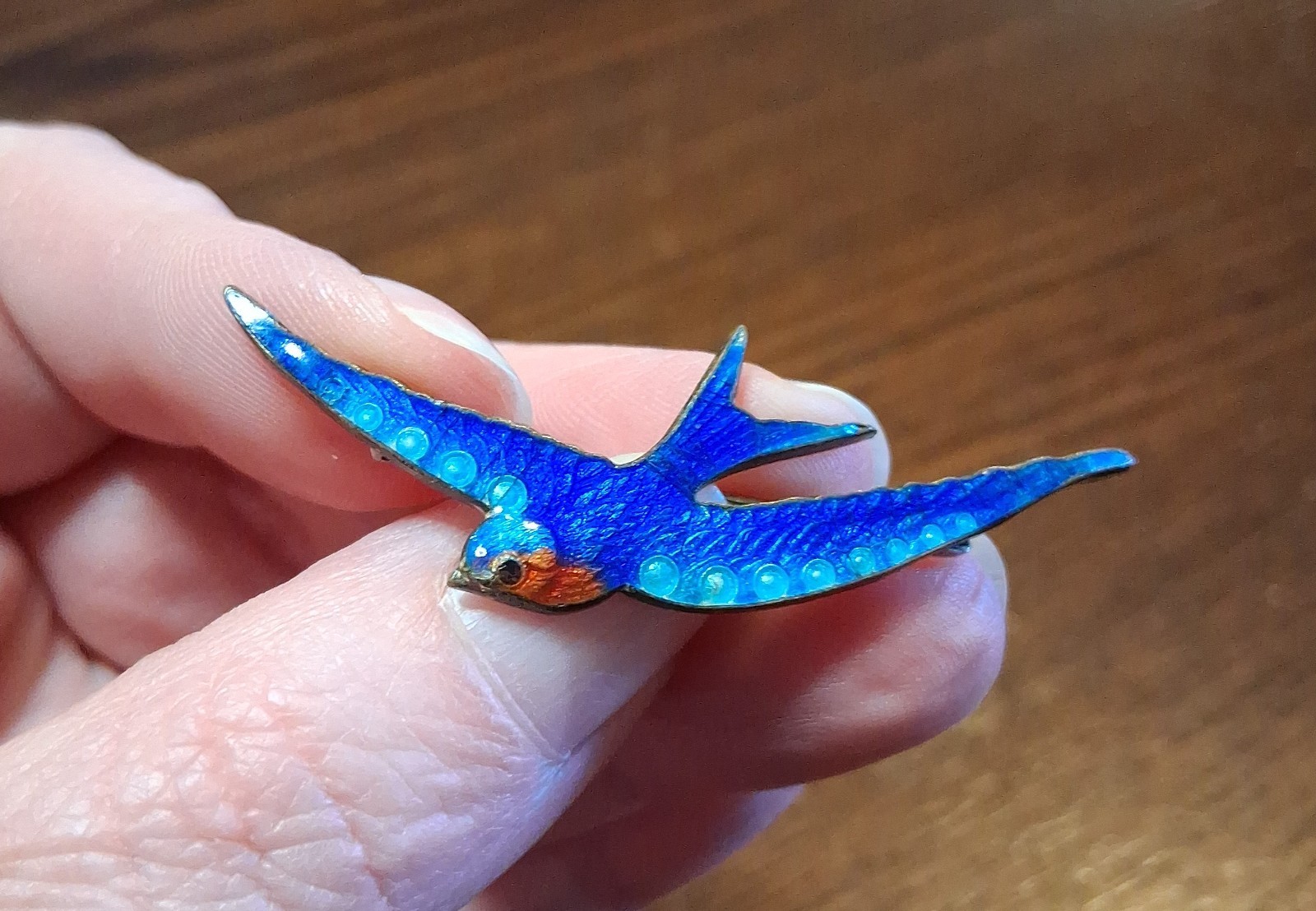 Antique Guilloche Enamel Bluebird Pin Brooch Slight Damage See Pics/Description