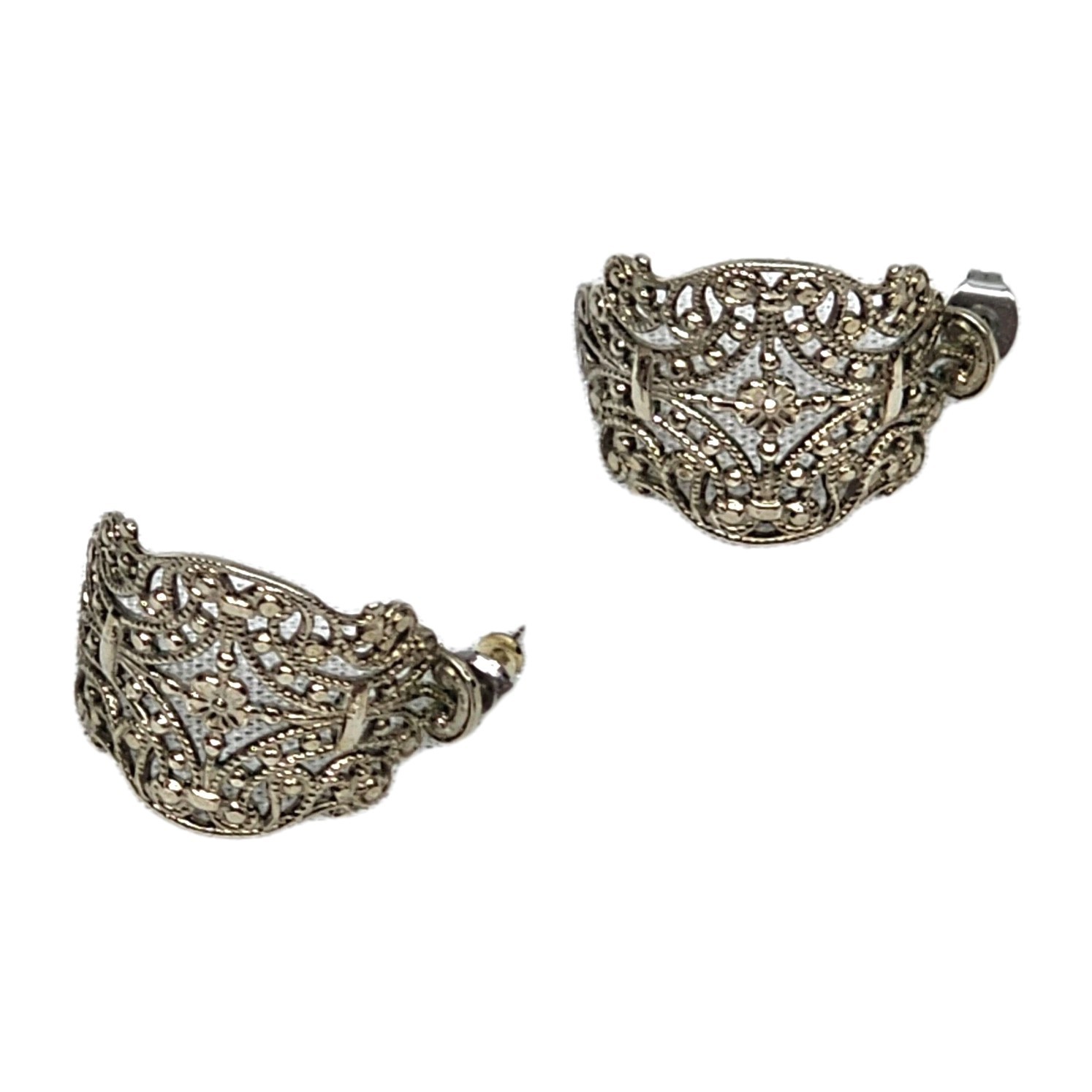 Vintage Silvertone Filigree Half Hoop Curved Pierced Earrings 1″ | Ornate Design