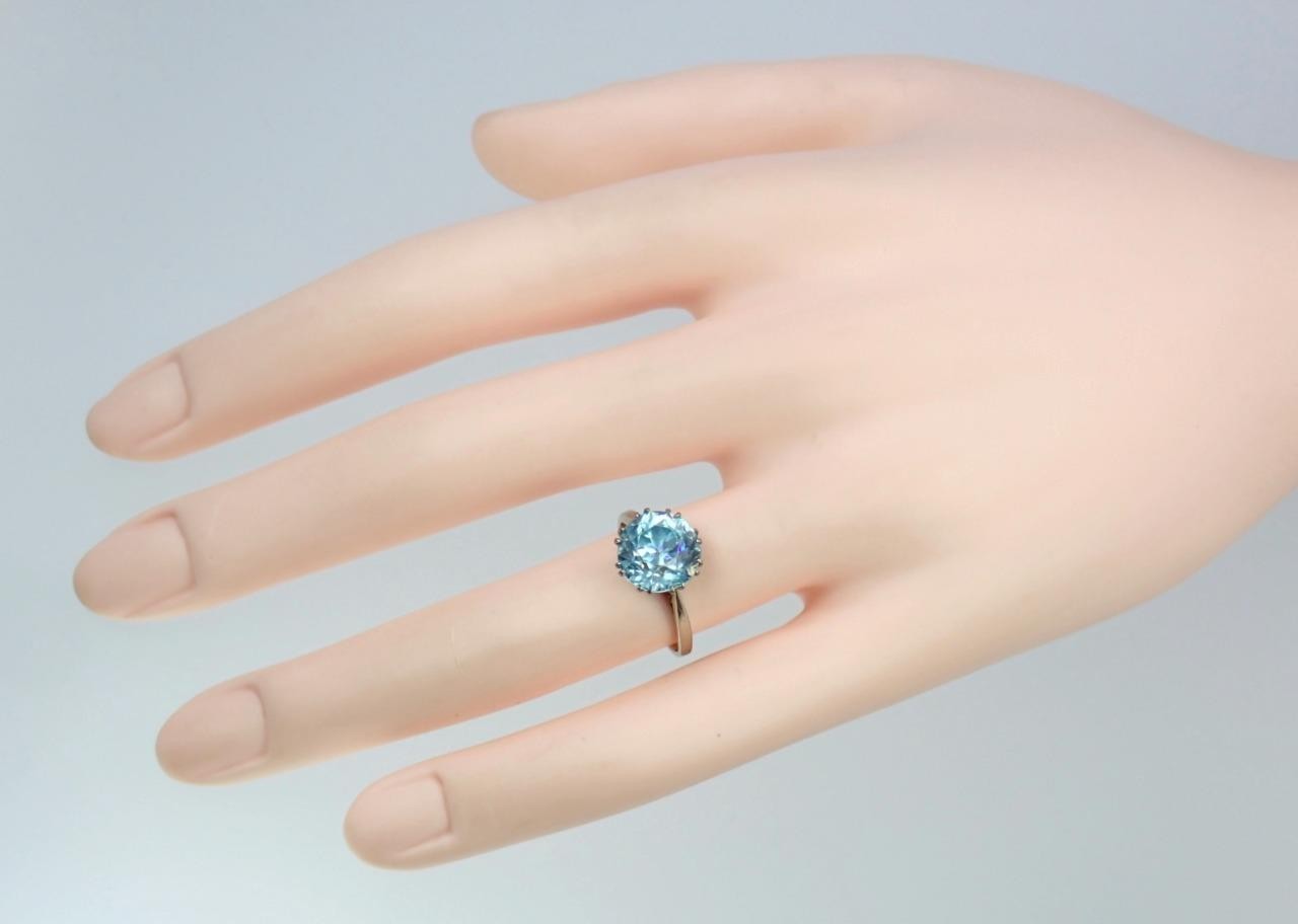 Antique Art Deco 18K Gold 5.4ct Old Cut Blue Zircon Solitaire Engagement Ring 6