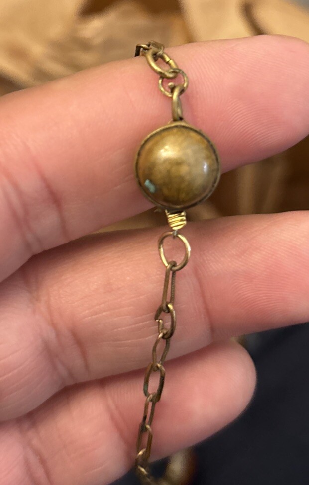 Vintage Czech Brass Gold Tone Carnelian? Cabochon Necklace Enamel