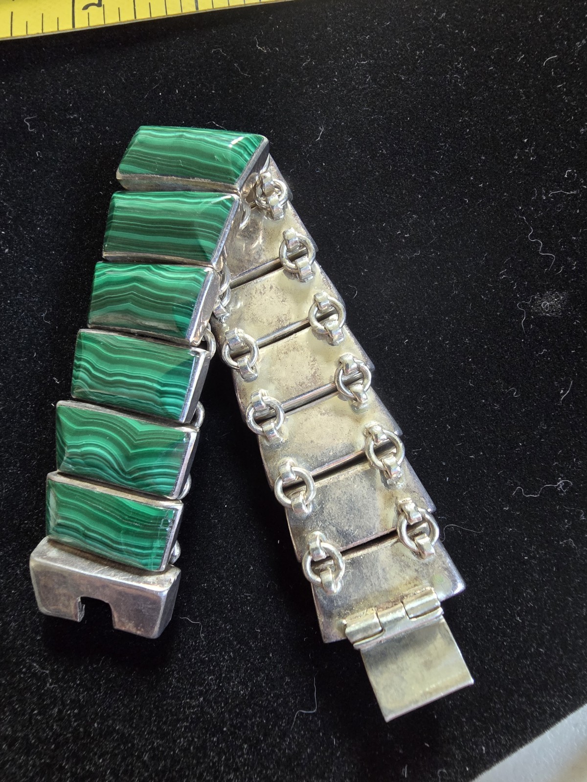 Vintage Mexico 950 Sterling Silver Malachite Inlay Link Panel Bracelet – 6.5”