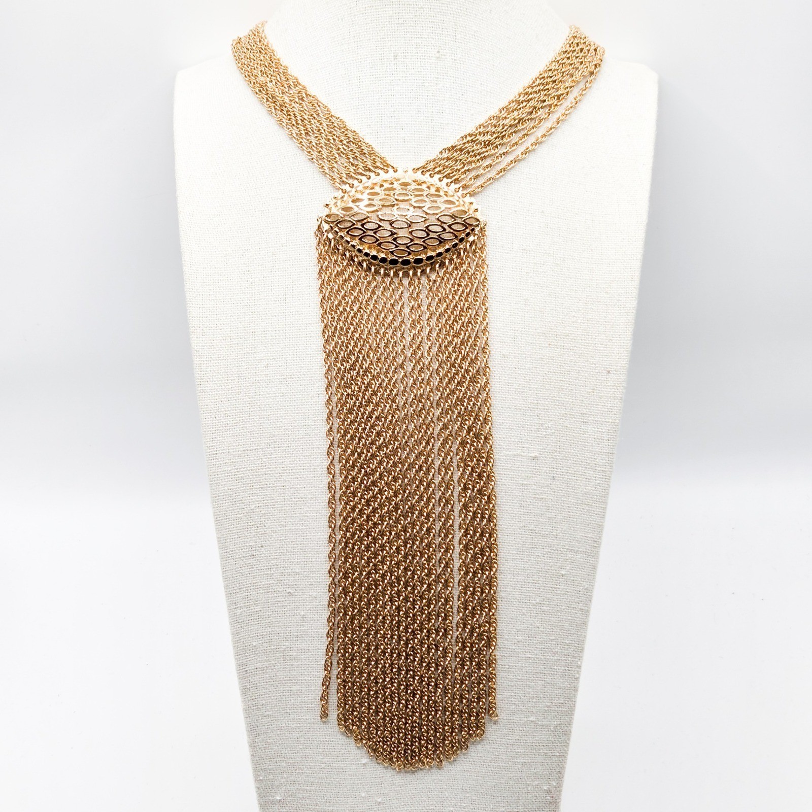 Rare Vintage Monet Sculptural Multi Strand Tassel Statement Necklace Gold Tone