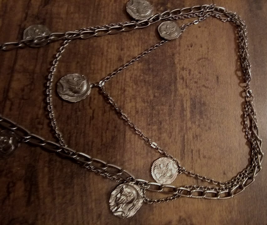 vintage silvertone coins necklace layered 1960s