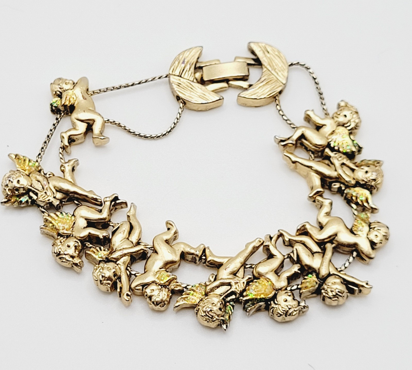Cherub Angels Iridescent Glitter Wings Gold Tone Vtg Slide Bracelet 7.5 Inch