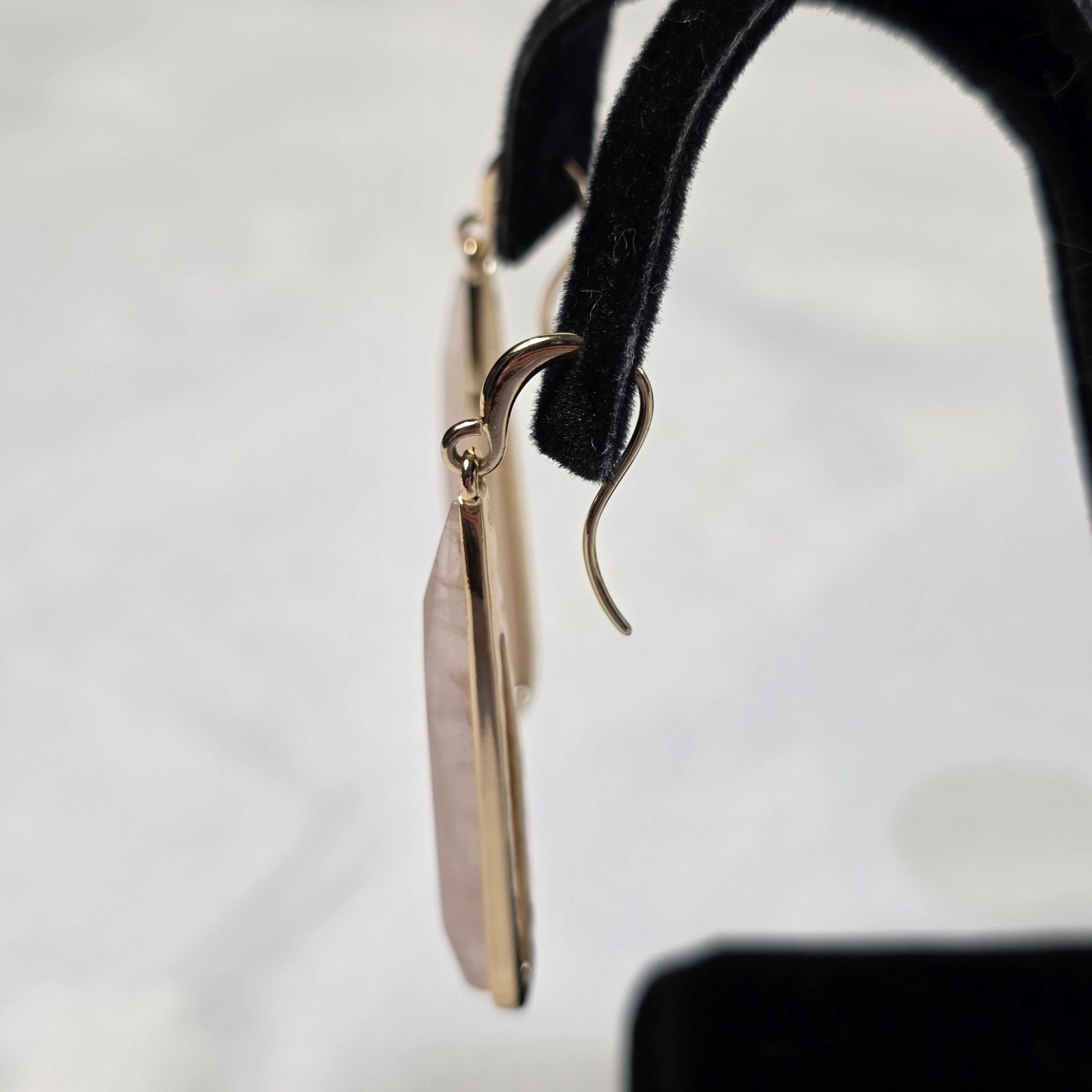Linear Drop Wire Earrings Elongated Rose Quartz Teardrops in Gold-Tone Metal