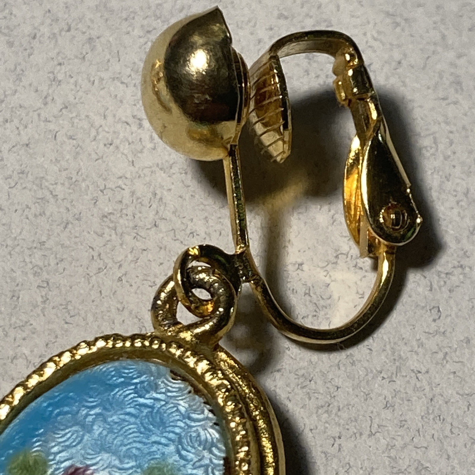 OOAK Hand-Painted clip on Rose Floral Earrings Gold Tone Framed oval 1.55″ O