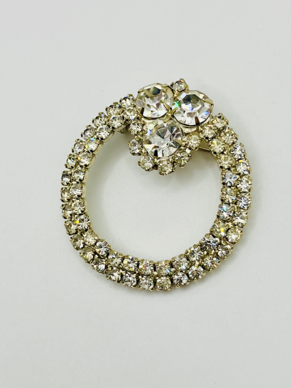 Vintage Clear Rhinestone Wreath Brooch Silver Tone