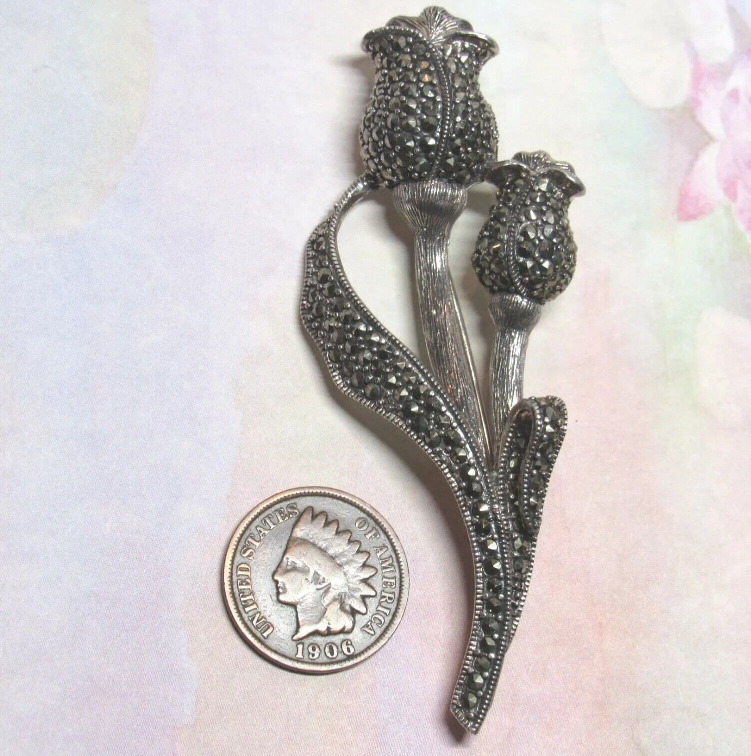 Sterling Silver Marcasite Tulip Leaf Flower Pin Hypoallergenic Nickel Free 14.5g