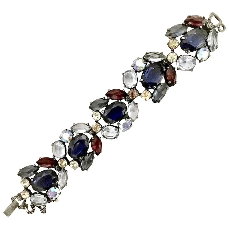 SCHIAPARELLI Sapphire Amethyst Aurora Borealis Crystals Bracelet & Clip Earrings