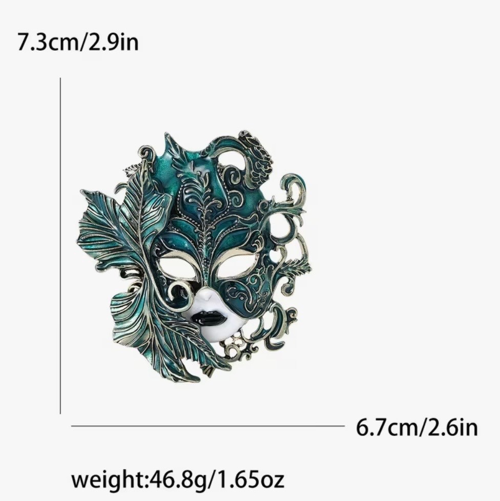 Brooch Vintage Enamel Mask Brooch – Zinc Alloy. W Loop to hang as Necklace