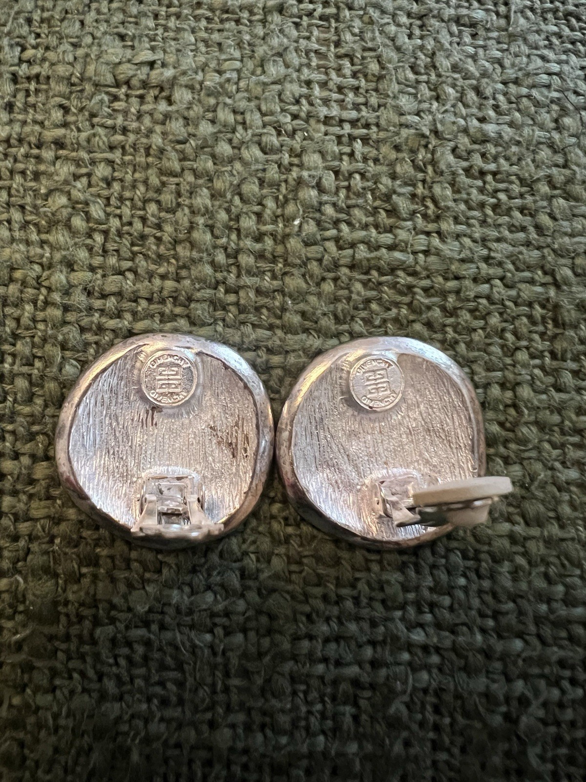 Vintage 80s Givenchy Clip On Earrings 4G Logo OLD MONEY Signed Satin Silver Tone