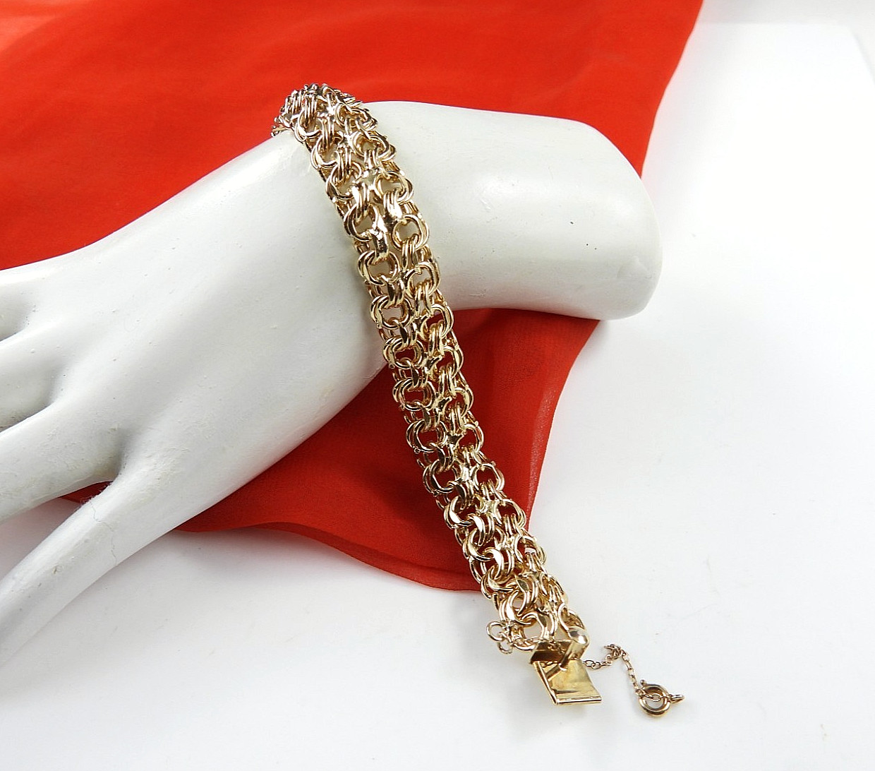 Vintage 12K Gold Filled Rare Fancy Charm Bracelet Chunky Curb Link Safety Chain